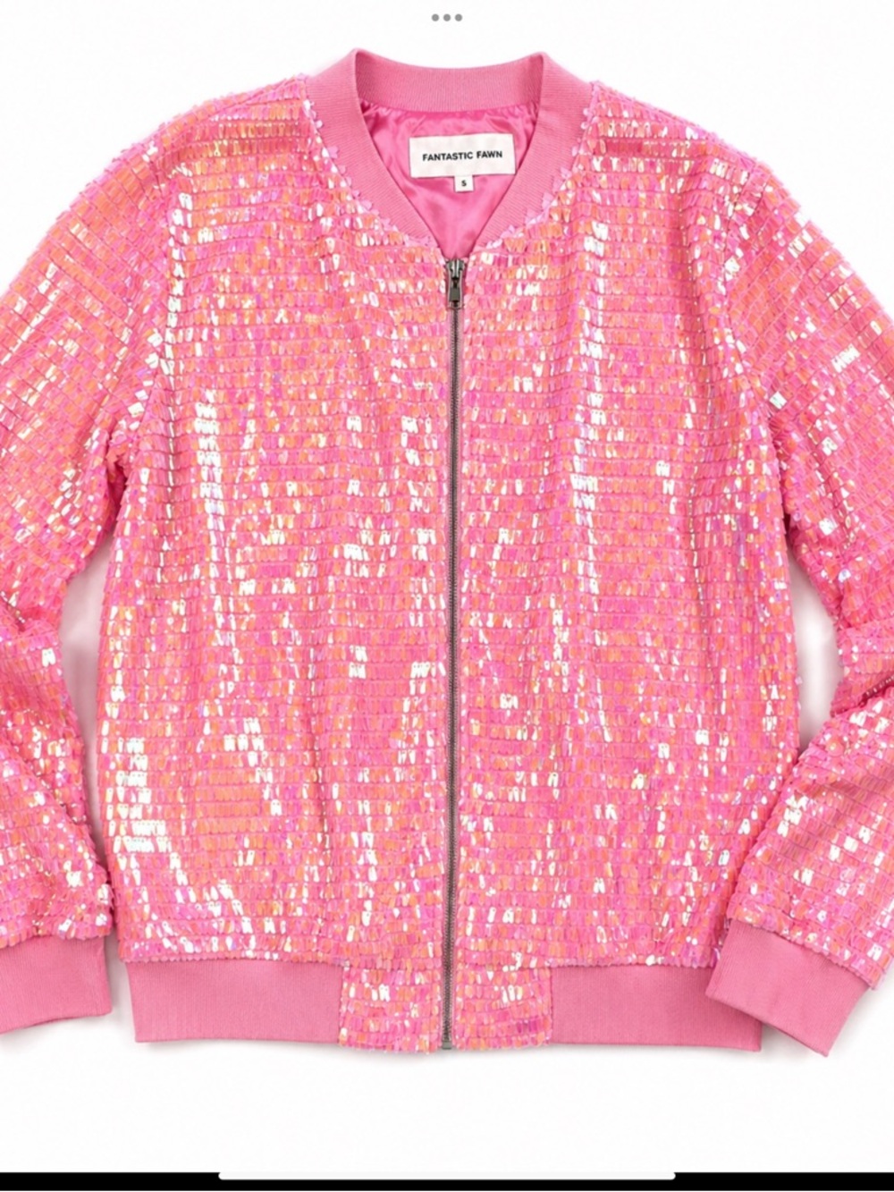 Fantastic Fawn Pink Iridescent Sequin Bomber Jacket Glam Statement Small